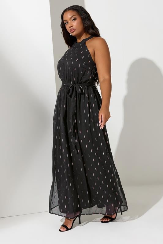 evans YOURS LONDON Curve Black Metallic Spot Print Halterneck Maxi Dress