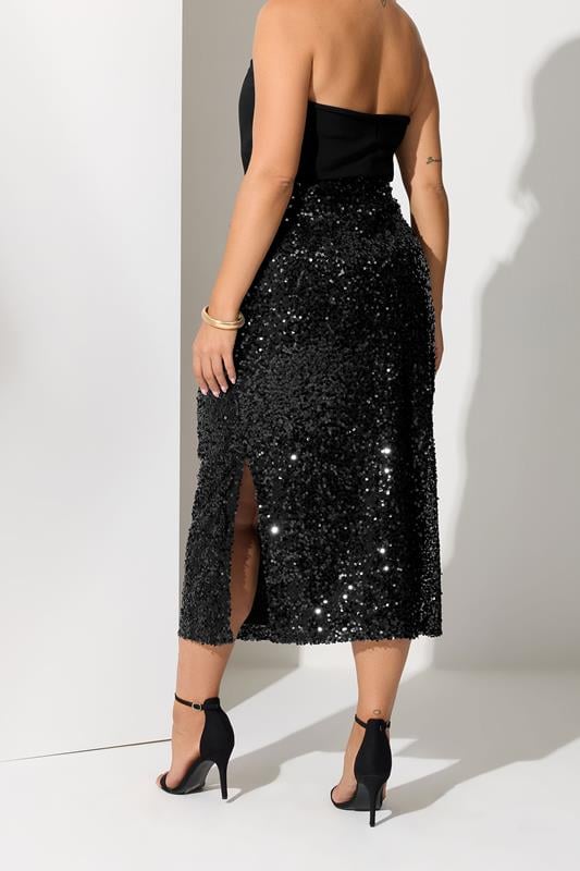 Evans YOURS LONDON Curve Black Sequin Embellished Maxi Skirt