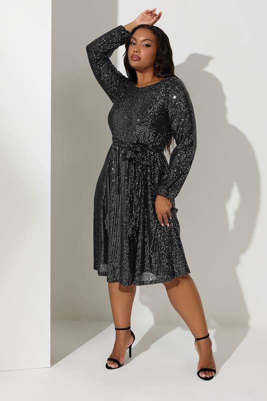 Evans YOURS LONDON Curve Black Sequin Skater Midi Dress