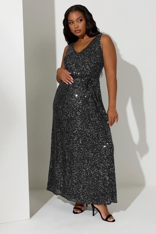Evans YOURS LONDON Curve Black Sequin V-Neck Maxi Dress