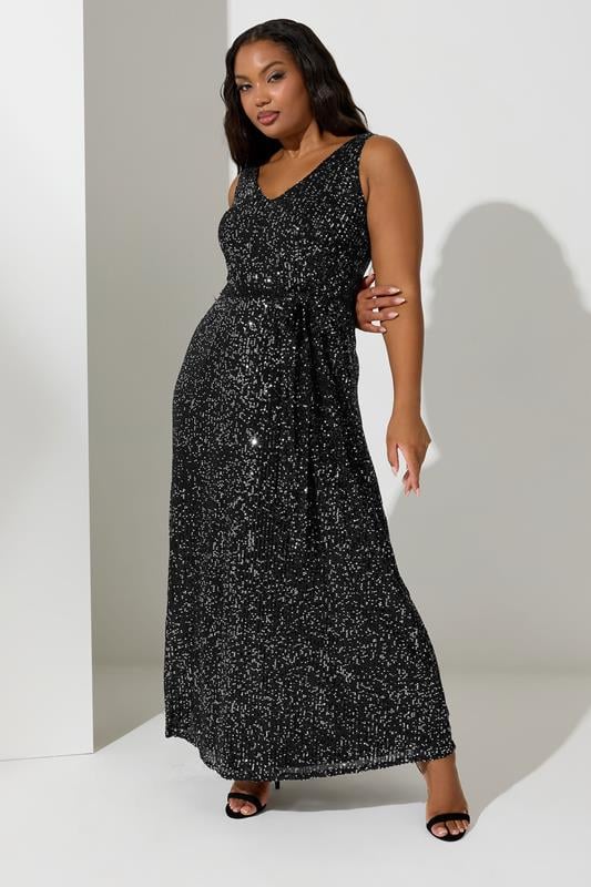 evans YOURS LONDON Curve Black Sequin V-Neck Maxi Dress