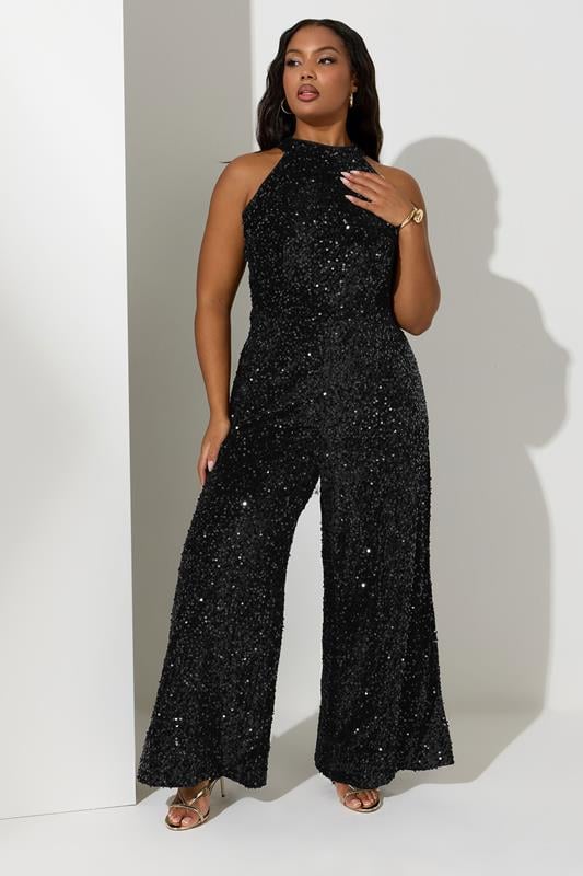 Evans YOURS LONDON Curve Black Sequin Velvet Jumpsuit