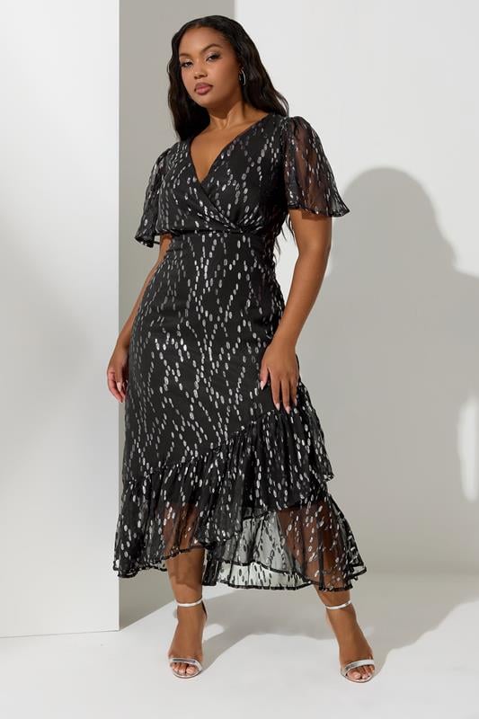 Evans YOURS LONDON Curve Black & Silver Metallic Dobby Wrap Dress