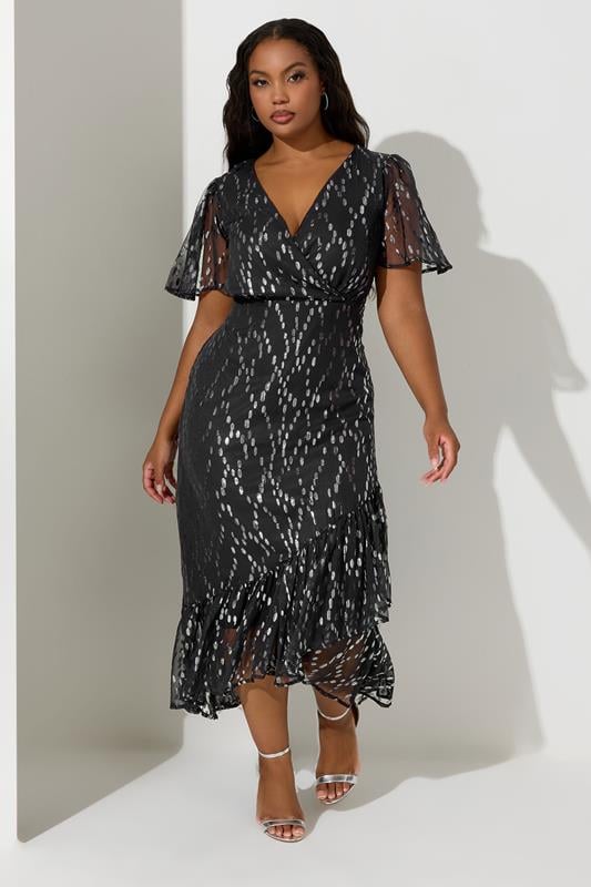 evans YOURS LONDON Curve Black & Silver Metallic Dobby Wrap Dress