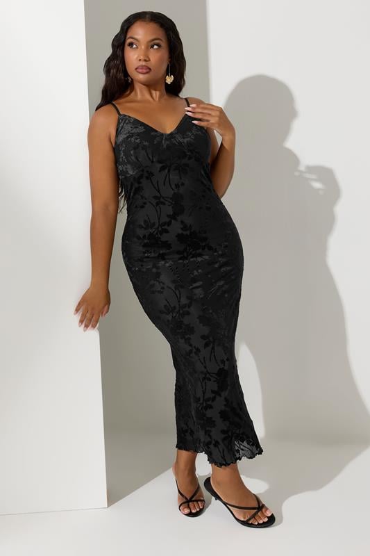 Evans YOURS LONDON Curve Black Velour Floral Midaxi Slip Dress
