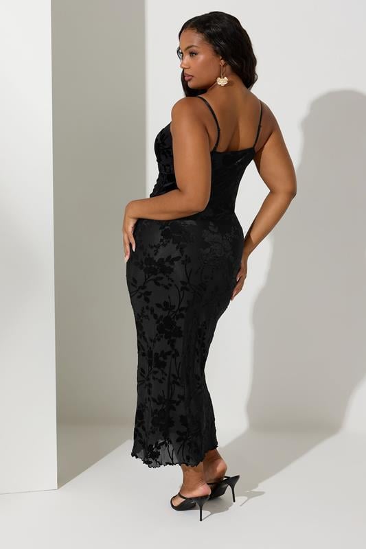 Evans YOURS LONDON Curve Black Velour Floral Midaxi Slip Dress
