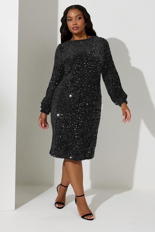 evans YOURS LONDON Curve Black Velvet Long Sleeve Sequin Dress