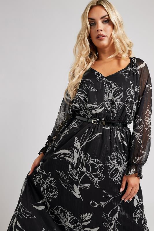 Evans YOURS LONDON Curve Black & White Floral Print Metallic Midaxi Dress With Belt