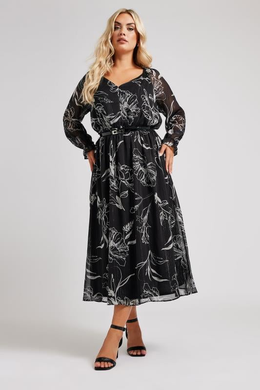 Evans YOURS LONDON Curve Black & White Floral Print Metallic Midaxi Dress With Belt