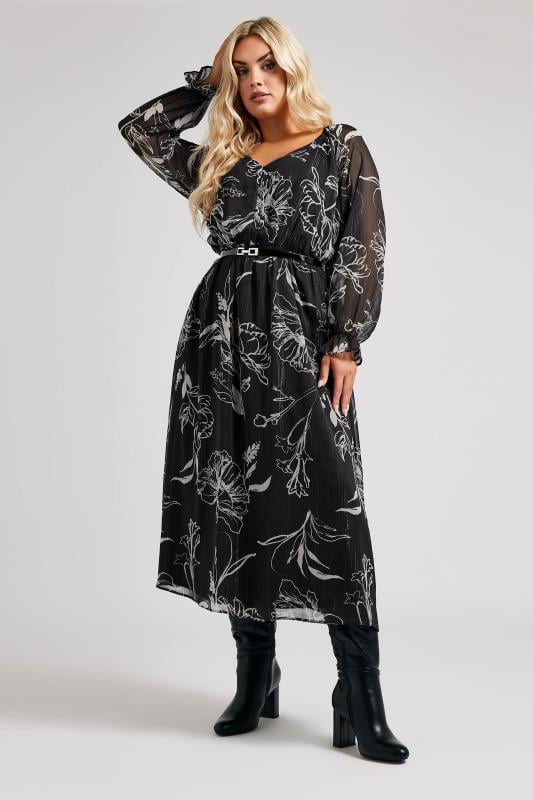 Evans YOURS LONDON Curve Black & White Floral Print Metallic Midaxi Dress With Belt