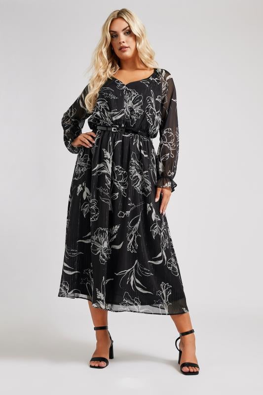 evans YOURS LONDON Curve Black & White Floral Print Metallic Midaxi Dress With Belt