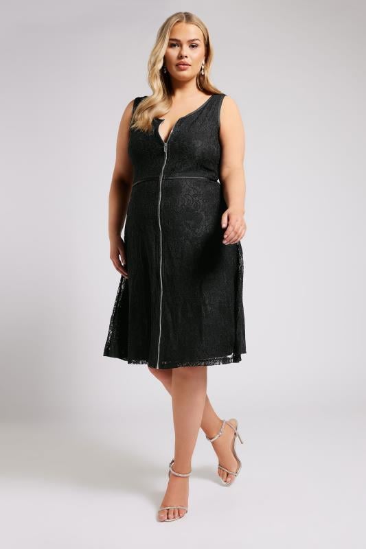 Evans YOURS LONDON Curve Black Zip Front Lace Skater Dress