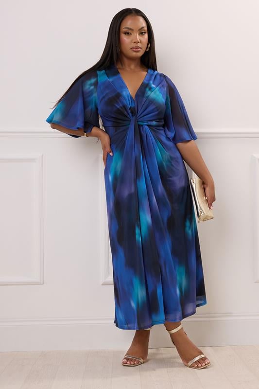 Evans YOURS LONDON Curve Blue Abstract Print Knot Front Maxi Dress