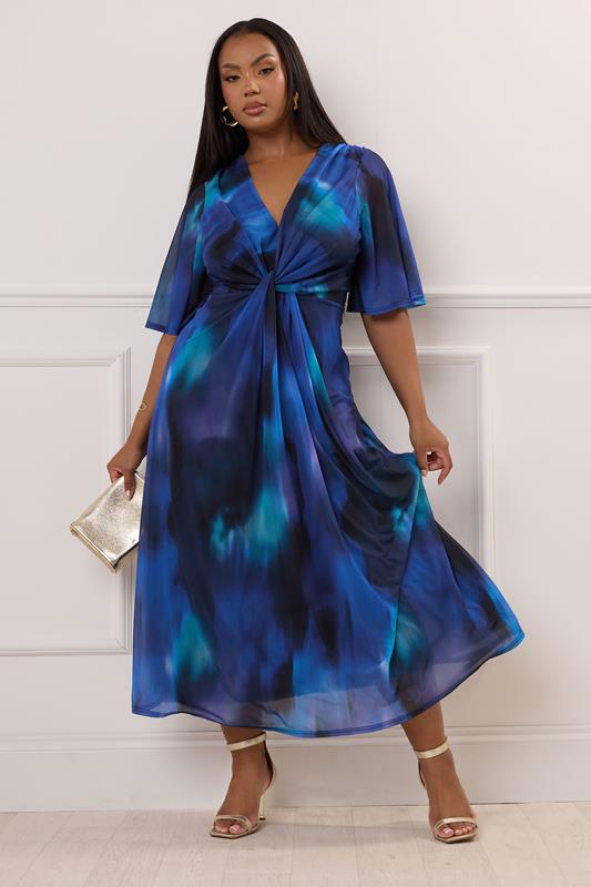 evans YOURS LONDON Curve Blue Abstract Print Knot Front Maxi Dress