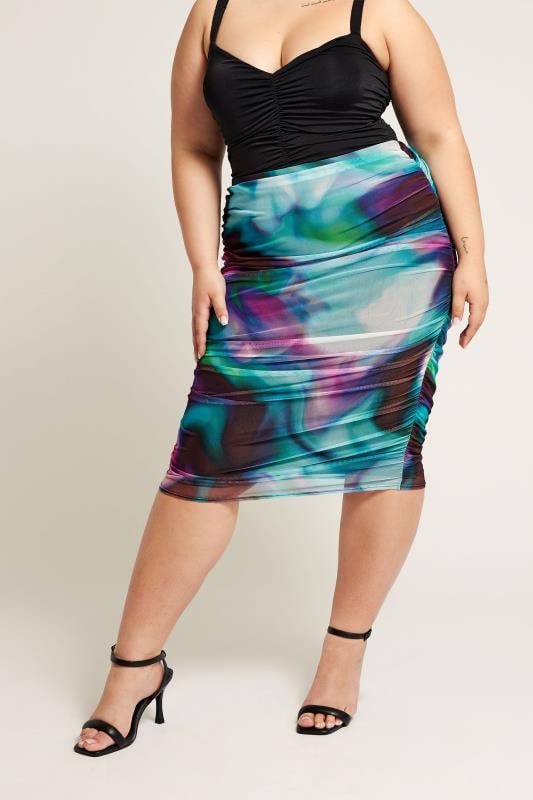 Evans YOURS LONDON Curve Blue Abstract Print Mesh Bodycon Skirt