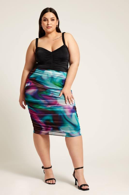 evans YOURS LONDON Curve Blue Abstract Print Mesh Bodycon Skirt
