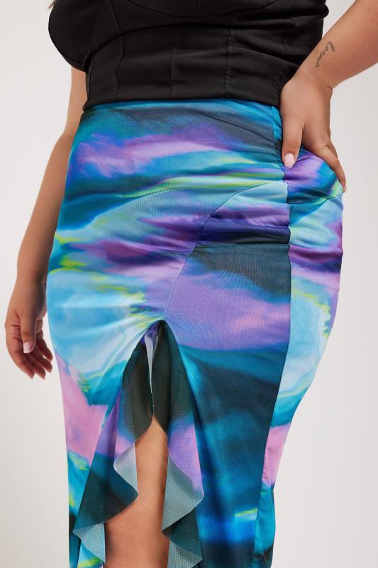 Evans YOURS LONDON Curve Blue Abstract Print Ruffle Maxi Skirt