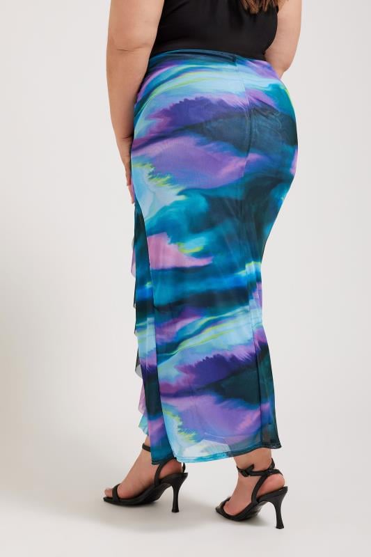 Evans YOURS LONDON Curve Blue Abstract Print Ruffle Maxi Skirt