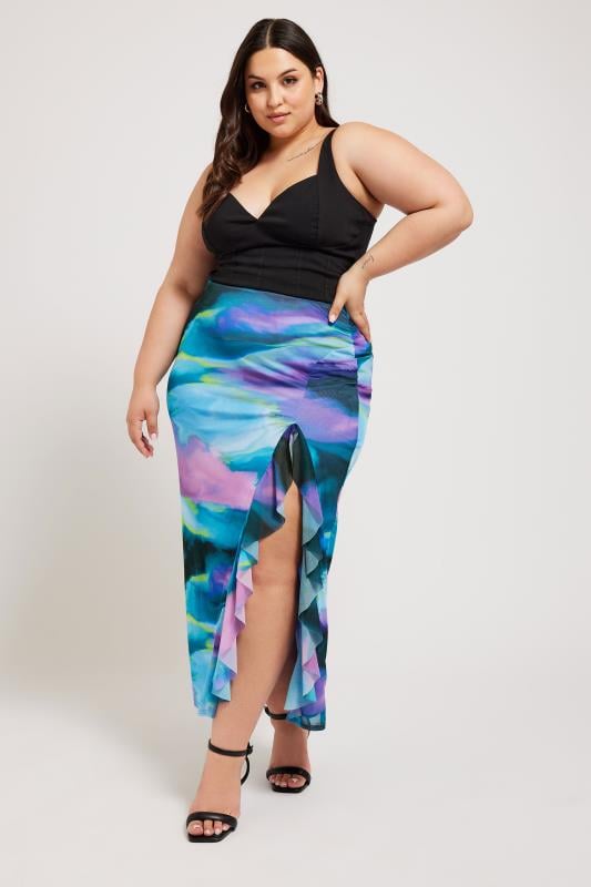 Evans YOURS LONDON Curve Blue Abstract Print Ruffle Maxi Skirt