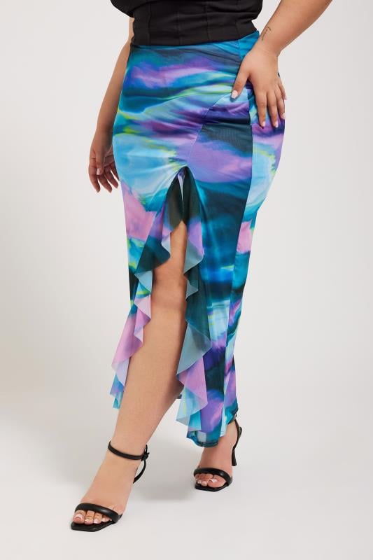 evans YOURS LONDON Curve Blue Abstract Print Ruffle Maxi Skirt