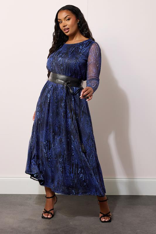 Evans YOURS LONDON Curve Blue Animal Print Mesh Maxi Dress With Belt