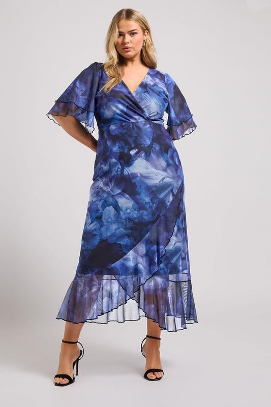 Evans YOURS LONDON Curve Blue Blur Floral Print Wrap Dress