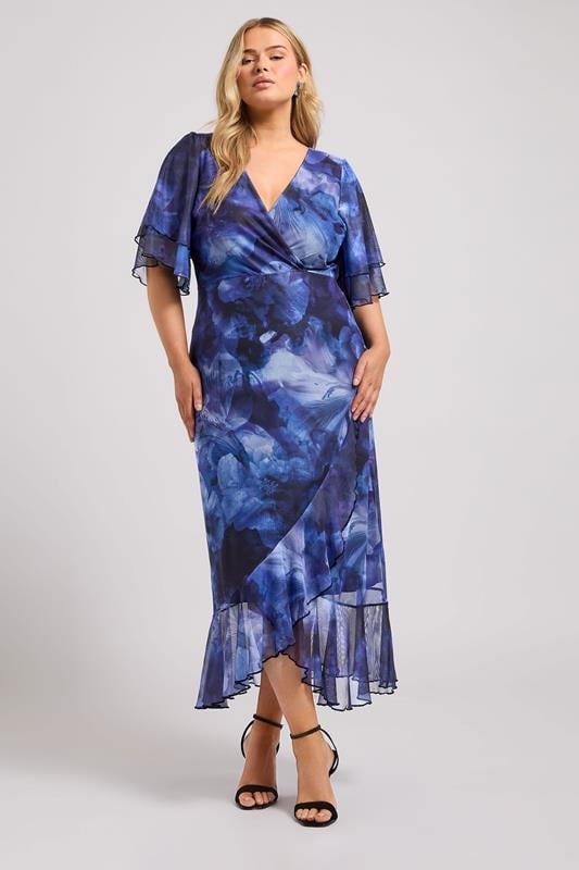evans YOURS LONDON Curve Blue Blur Floral Print Wrap Dress