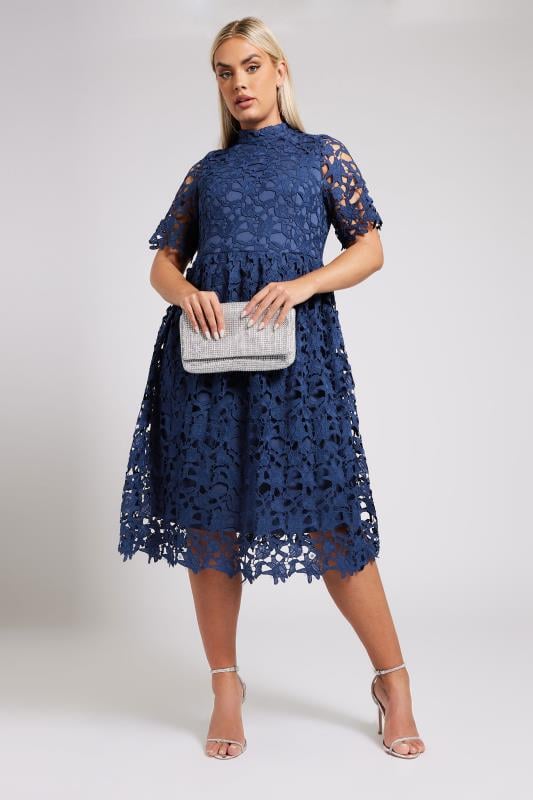 evans YOURS LONDON Curve Blue Crochet Lace Midi Dress