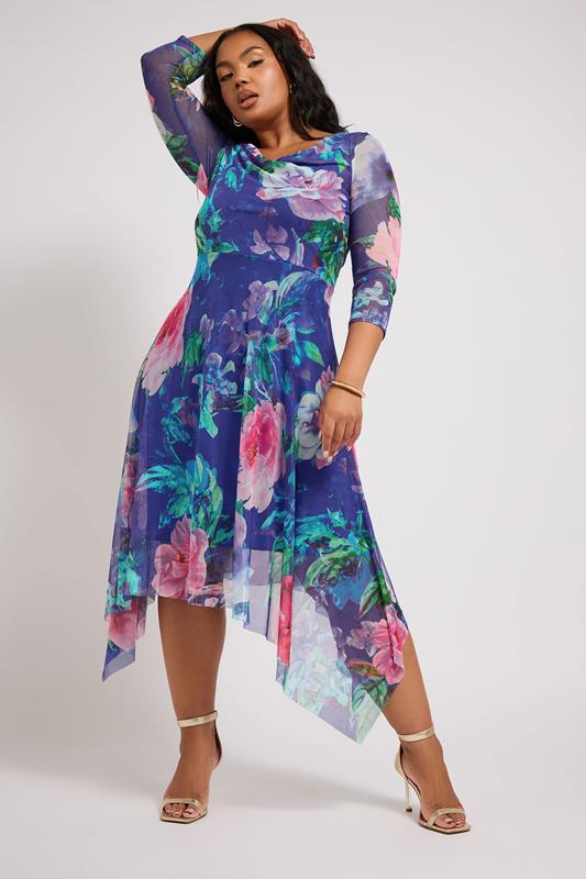Evans YOURS LONDON Curve Blue Floral Asymmetric Cowl Neck Mesh Dress