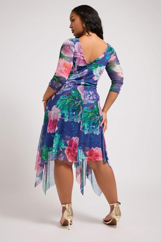 Evans YOURS LONDON Curve Blue Floral Asymmetric Cowl Neck Mesh Dress