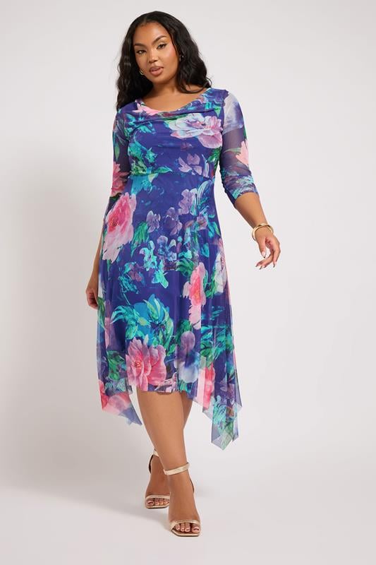 evans YOURS LONDON Curve Blue Floral Asymmetric Cowl Neck Mesh Dress