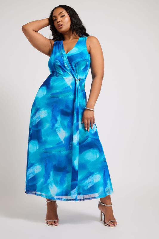 Evans YOURS LONDON Curve Blue Floral Mesh Draped Maxi Dress
