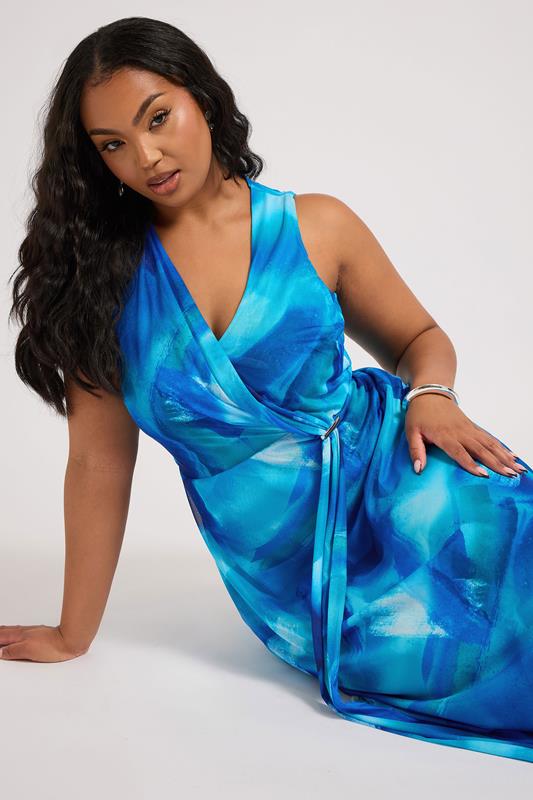 Evans YOURS LONDON Curve Blue Floral Mesh Draped Maxi Dress