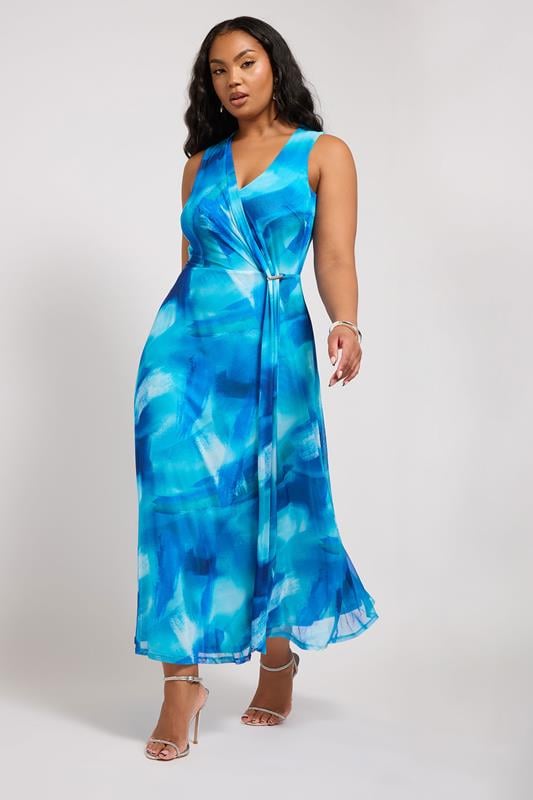 evans YOURS LONDON Curve Blue Floral Mesh Draped Maxi Dress