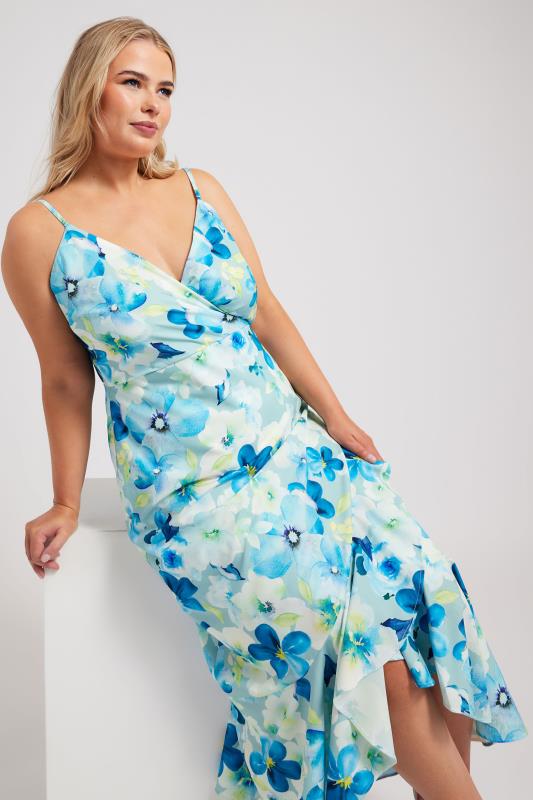 Evans YOURS LONDON Curve Blue Floral Print Ruffle Wrap Dress