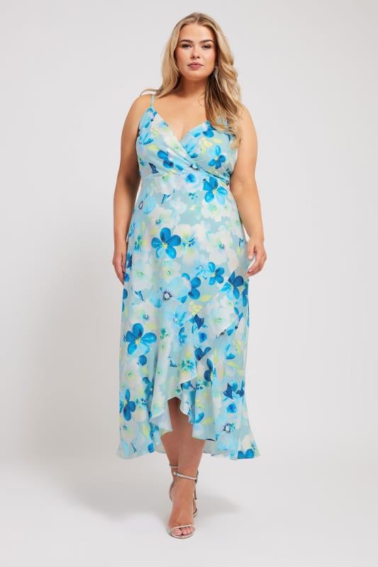 evans YOURS LONDON Curve Blue Floral Print Ruffle Wrap Dress