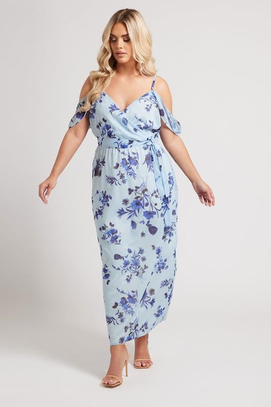 Evans YOURS LONDON Curve Blue Metallic Floral Wrap Midaxi Dress