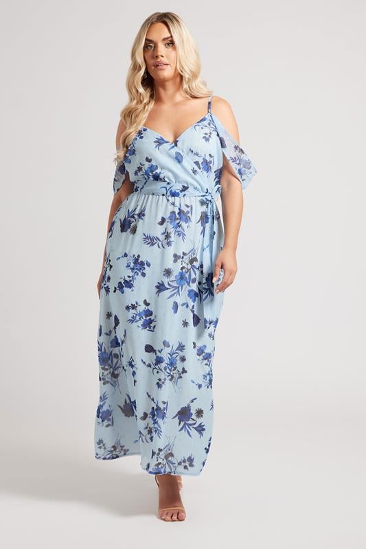 evans YOURS LONDON Curve Blue Metallic Floral Wrap Midaxi Dress