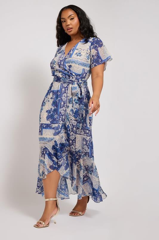 Evans YOURS LONDON Curve Blue Scarf Print Ruffle Wrap Dress