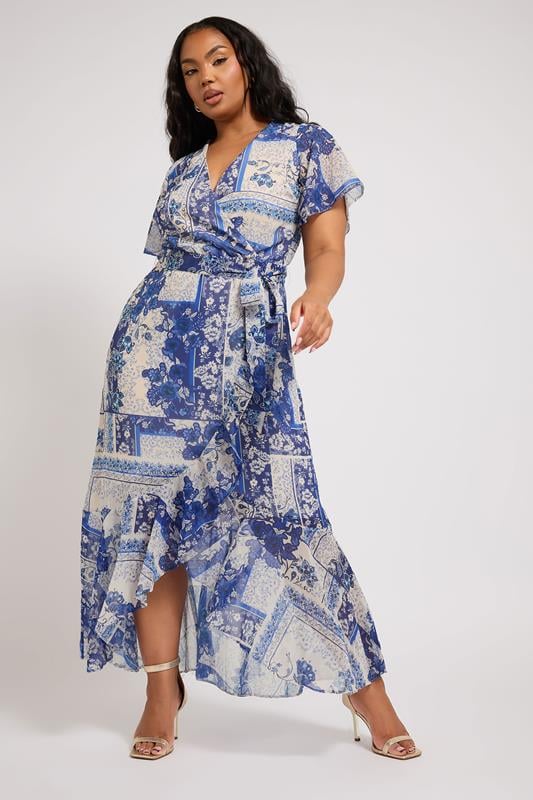 evans YOURS LONDON Curve Blue Scarf Print Ruffle Wrap Dress