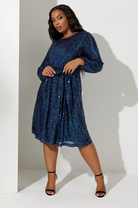 evans YOURS LONDON Curve Blue Sequin Skater Midi Dress