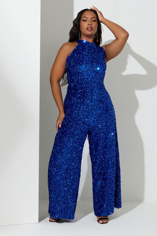 Evans YOURS LONDON Curve Blue Sequin Velvet Jumpsuit