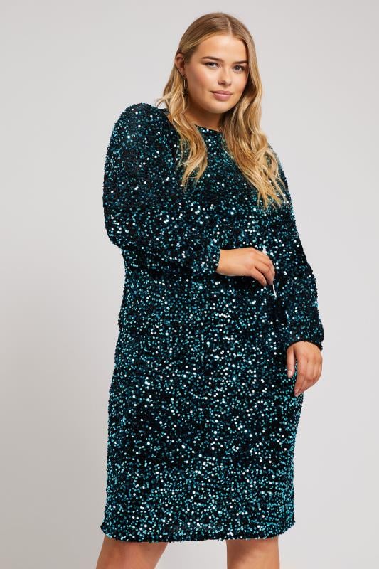 Evans YOURS LONDON Curve Blue Sequin Velvet Shift Dress