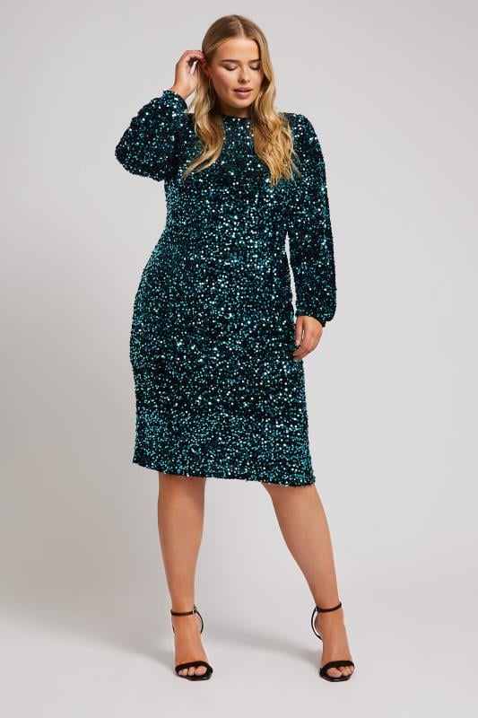 evans YOURS LONDON Curve Blue Sequin Velvet Shift Dress