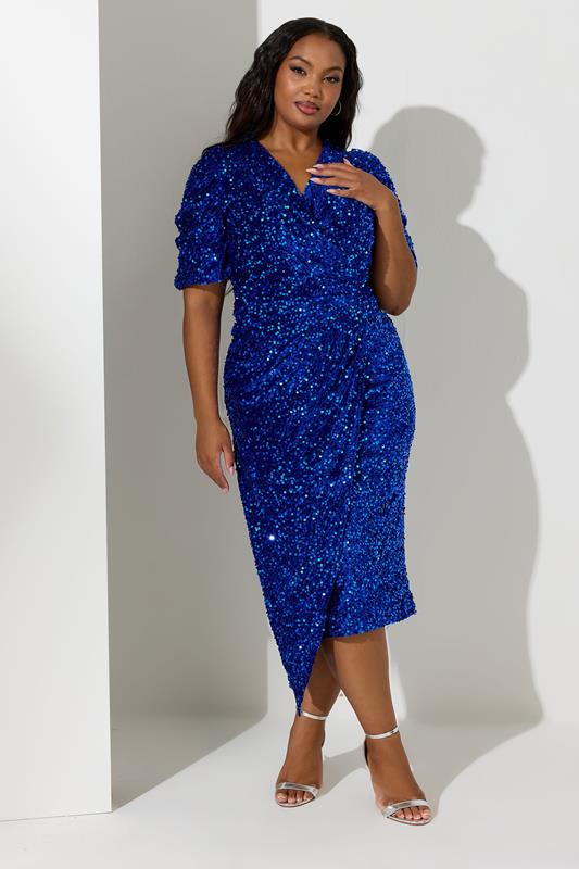 Evans YOURS LONDON Curve Blue Sequin Velvet Wrap Dress
