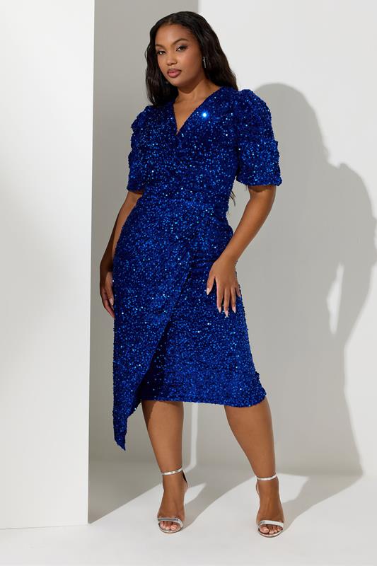 evans YOURS LONDON Curve Blue Sequin Velvet Wrap Dress