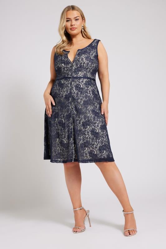 Evans YOURS LONDON Curve Blue Zip Front Lace Skater Dress