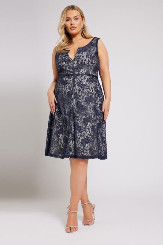 evans YOURS LONDON Curve Blue Zip Front Lace Skater Dress