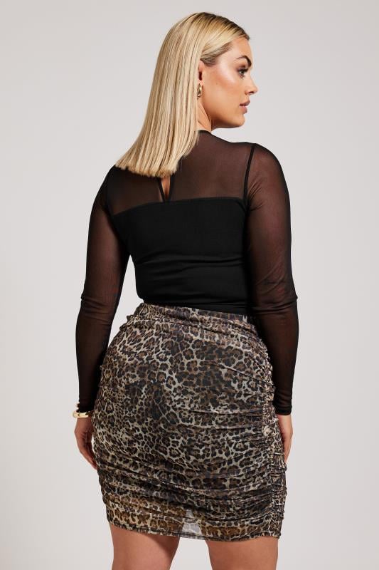 Evans YOURS LONDON Curve Brown Leopard Print Gathered Mesh Bodycon Skirt