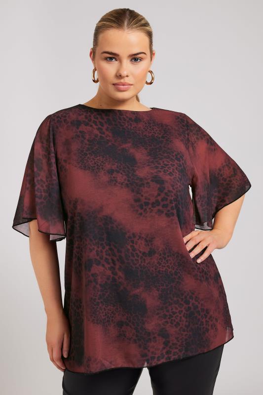 evans YOURS LONDON Curve Burgundy Red Animal Print Flutter Sleeve Blouse